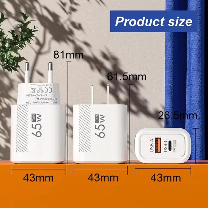 65W GaN Charge rapide USB Type C chargeur US/EU Plug PD 3.0