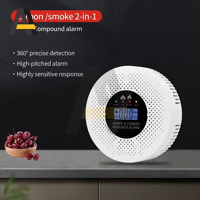 Détecteur de fumée d'alarme incendie 2 en 1 avec écran LCD