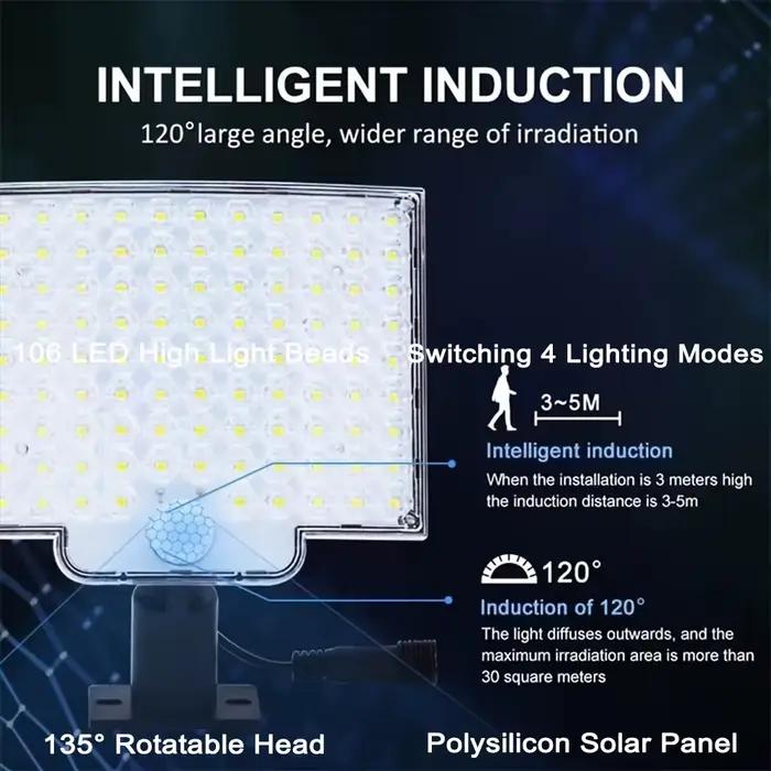 106LED lumières extérieures solaires capteur de mouvement à distance mur projecteur sécurité étanche Patio jardin Garage clôture voie éclairage