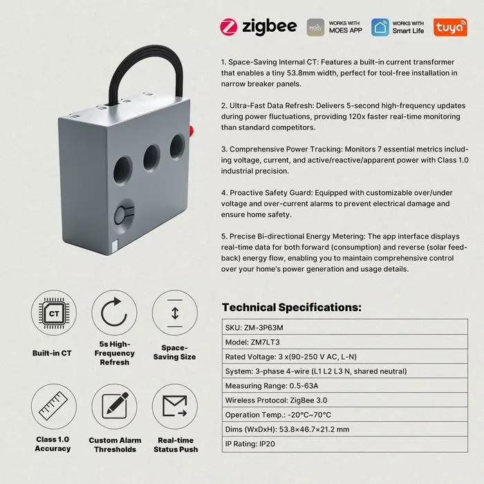 Module de mesure de puissance intelligent monophasé MOES Tuya Zigbee, moniteur de consommation d'électricité 63A avec transformateur de courant intégré