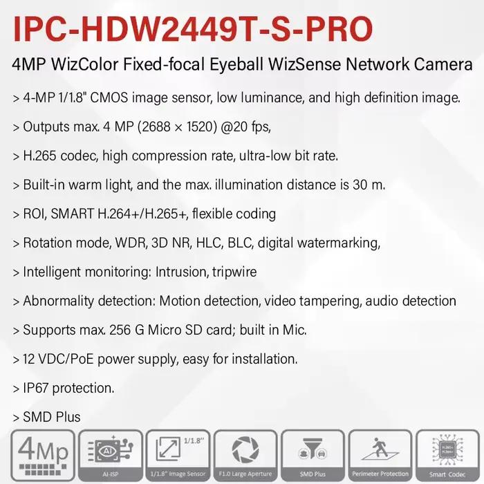 Dahua 4MP 8MP Wizcolor caméra IP 4K HD Vision nocturne lumineux comme jour intégré micro 4K détection intelligente HDW2449T-S-PRO -HDW2849T-S-PRO