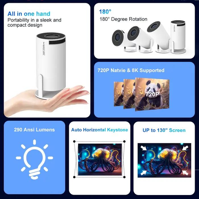 Projecteur magnétique HY300 Pro 8K Android 14 double Wifi6 290ANSI Allwinner H726 BT5.4 1080P 1280*720P