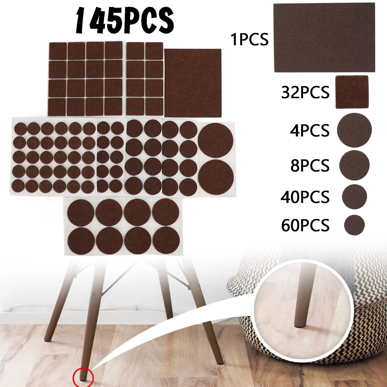 Areyourshop – coussinets de protection de sol en feutre pour meubles, pieds de chaise, 145 pièces