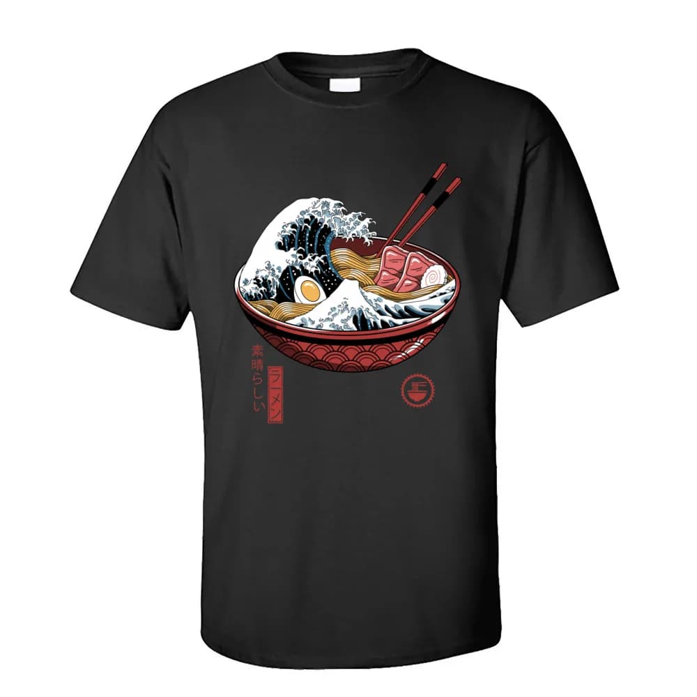 Impression grande vague Ramen hauts blancs T-Shirt pour hommes classique Style japonais col rond 100