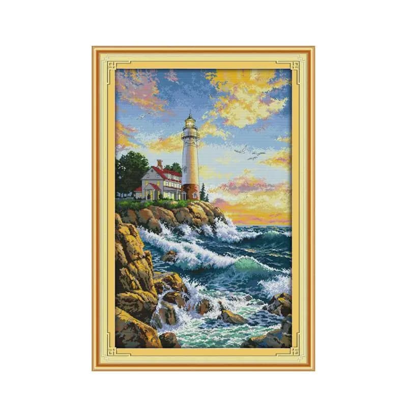 Phare de bord de mer, beau paysage, kit de couture faite à la main, point de croix, décoration mural