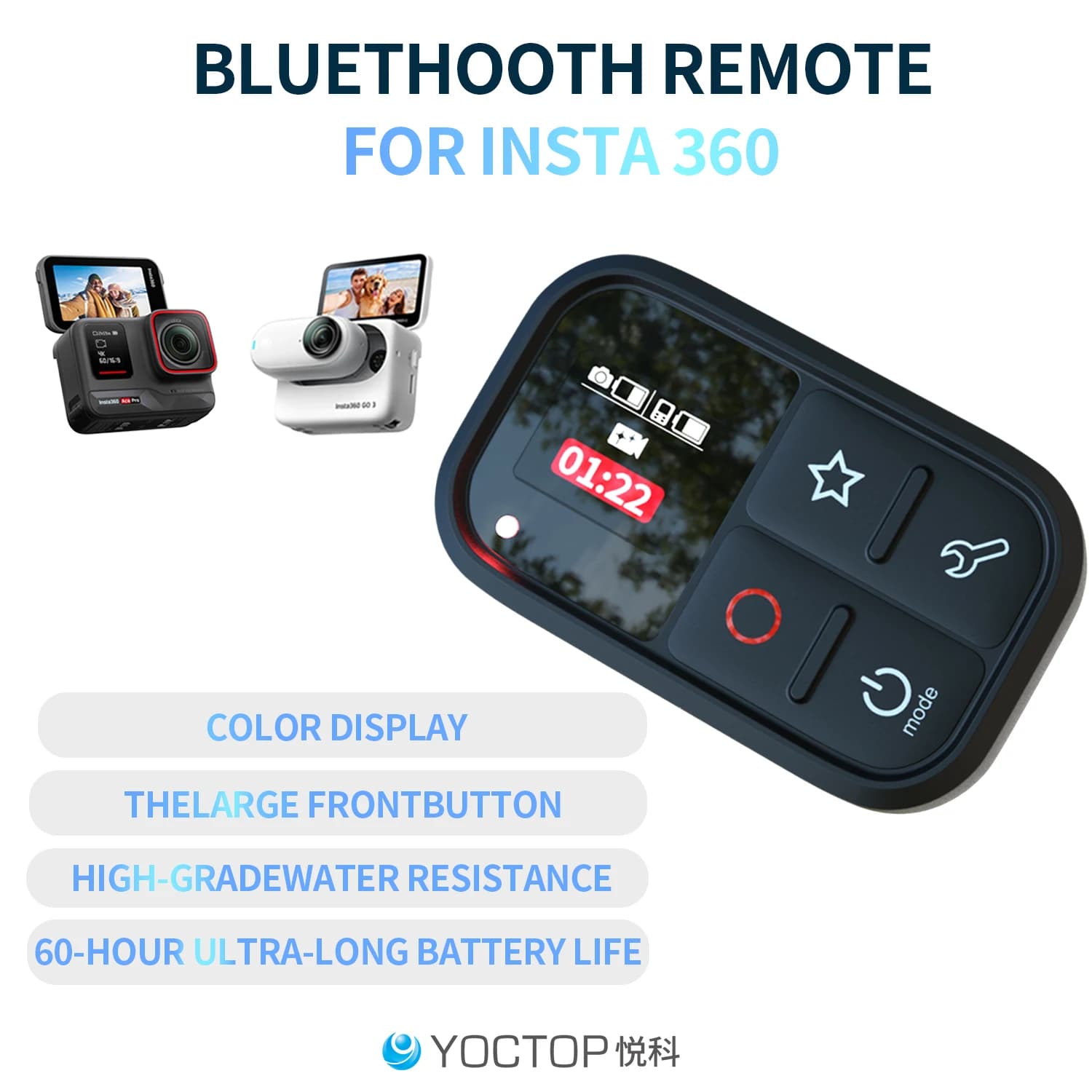 YOCTOP est compatible avec les caméras sportives Insta360 X3, X4, X5, GO 3S, Ace Pro2, télécommande