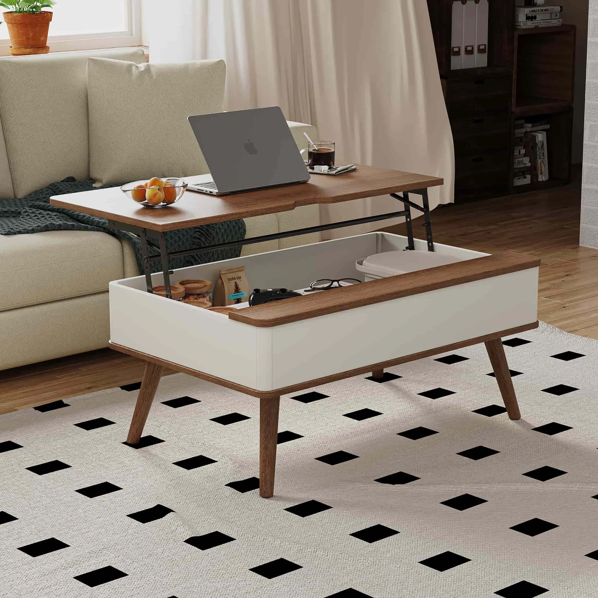 Table basse blanche, table centrale élévatrice multifonctionnelle avec rangement, meubles au design