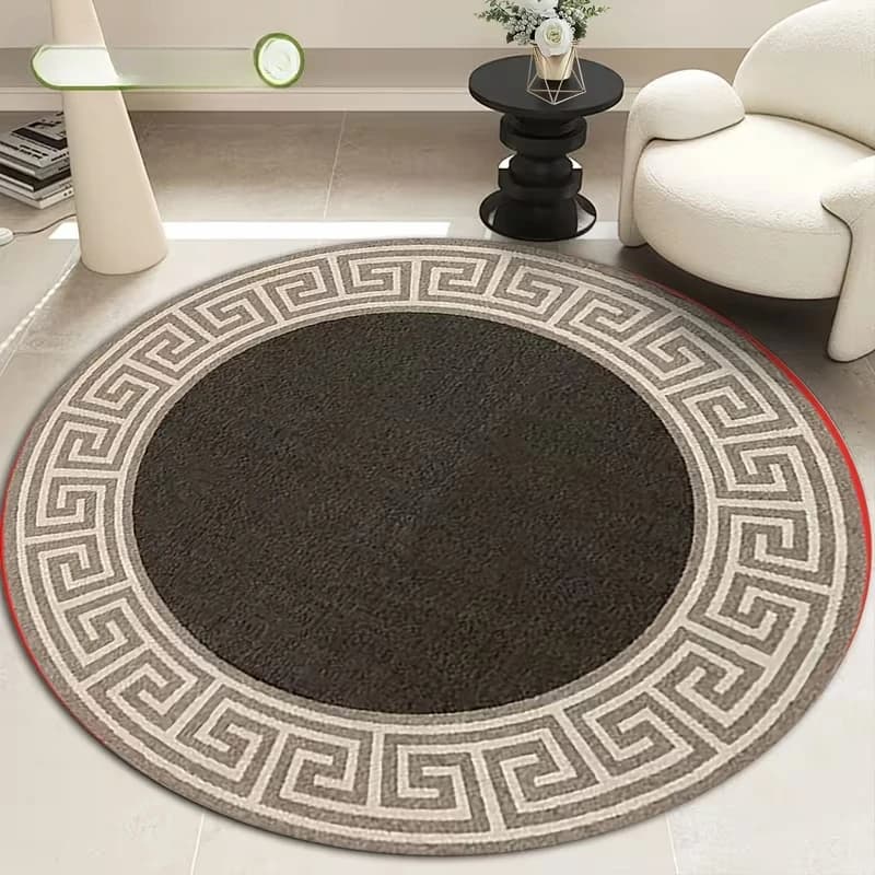 Tapis rond noir clé grecque pour salon, chambre à coucher, motif clé grecque, revêtement intemporel