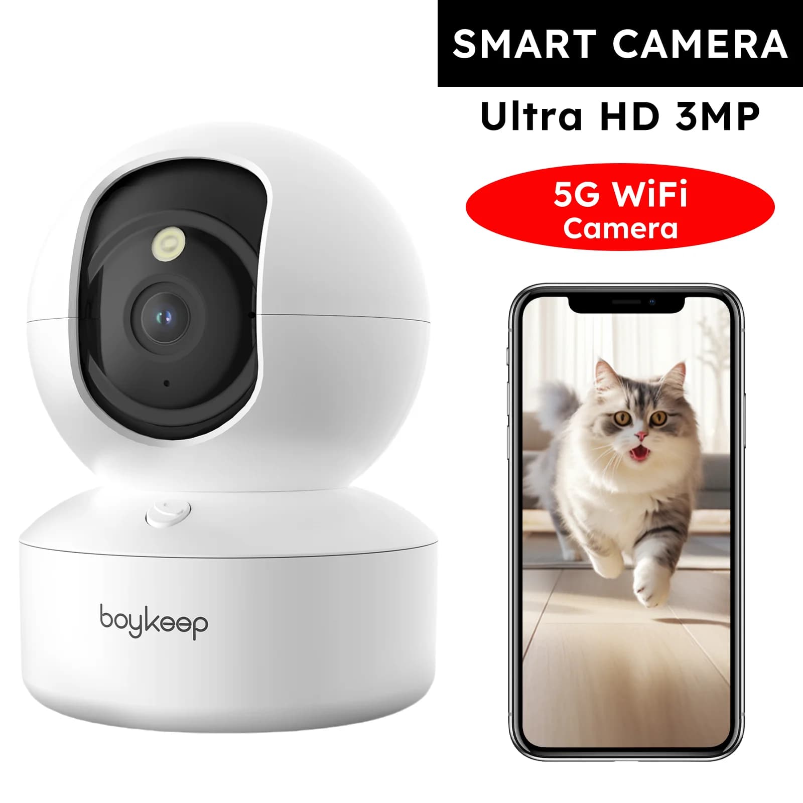 Caméra pour chien Boykeep 2K avec application téléphonique, caméra de sécurité intérieure WiFi 5G/2.