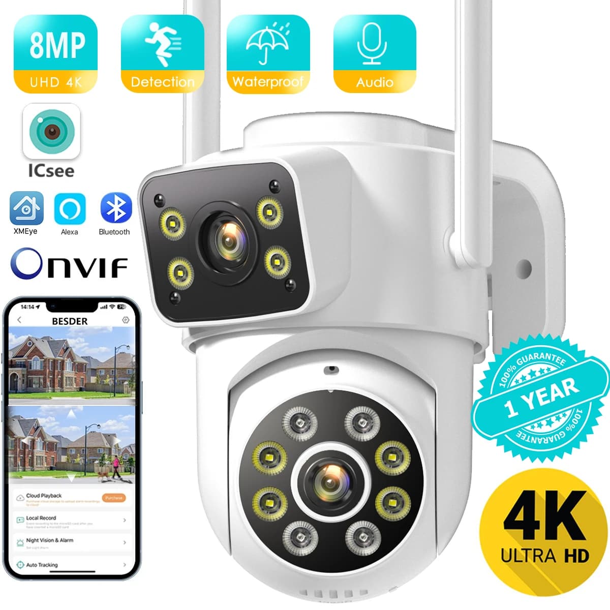 Caméra PTZ à suivi automatique, caméra IP de sécurité WiFi à double écran 8MP, étanche pour l'extéri