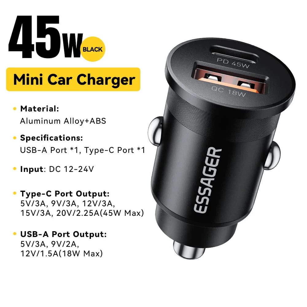Essager 45W Mini chargeur de voiture USB QC 3.0 PD 3.0 SCP AFC USB Type C chargeur de téléphone port