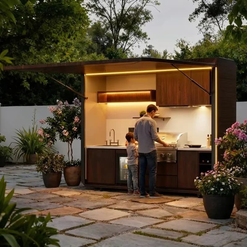 Îlot de cuisine extérieur personnalisé tout en acier inoxydable, étanche, avec barbecue intégré pour