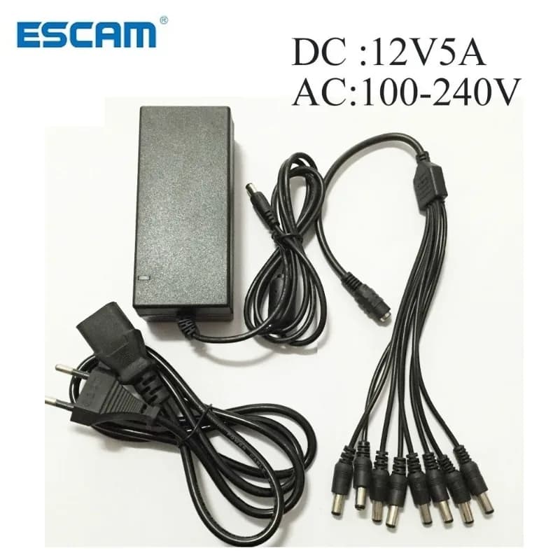 Adaptateur d'alimentation Escam DC 12V 5A + 8 câbles d'alimentation divisés pour caméra de sécurité