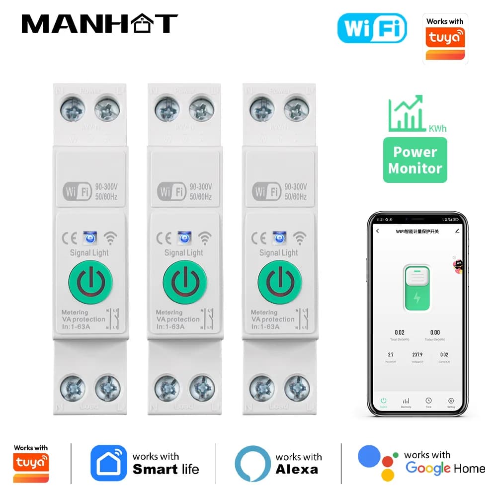 Disjoncteur intelligent WiFi 1P+N 1-63A avec compteur Kwh, relais temporisé, protection contre les s