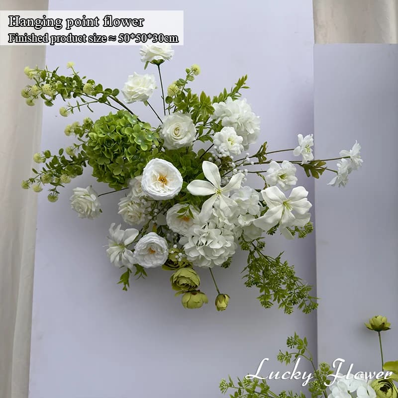 Décoration de mariage avec fleurs artificielles blanches et vertes, arrangement floral pour toile de