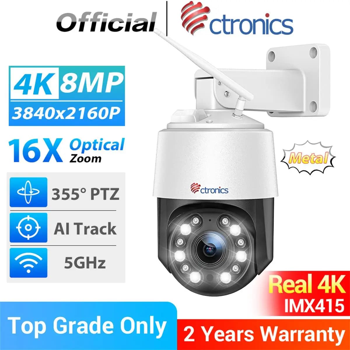 Ctronics Real 4K 8MP 5GHz WiFi Caméra de surveillance extérieure 360° 16X 5X Zoom optique Caméra IP