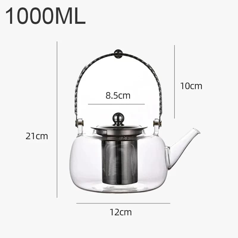 Théière en verre gris de 1,2 L avec infuseur, résistante à la chaleur, bouilloire à thé transparente