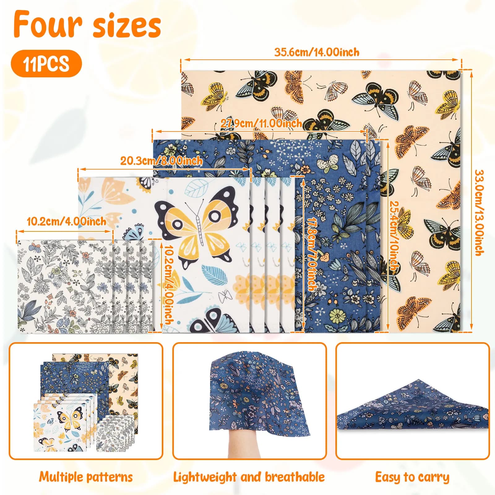 Emballage alimentaire en cire d'abeille, 11 pièces, multi-tailles, tissu de cire de coton biologique