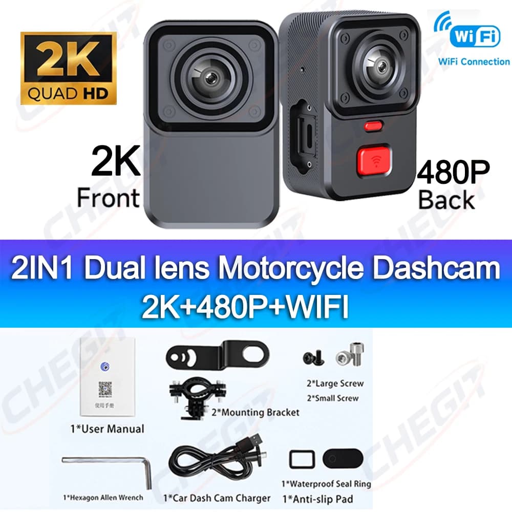 Nouvelle caméra de moto double objectif 2K+480P HD DVR 170 ° Objectif grand angle TypeC, enregistr