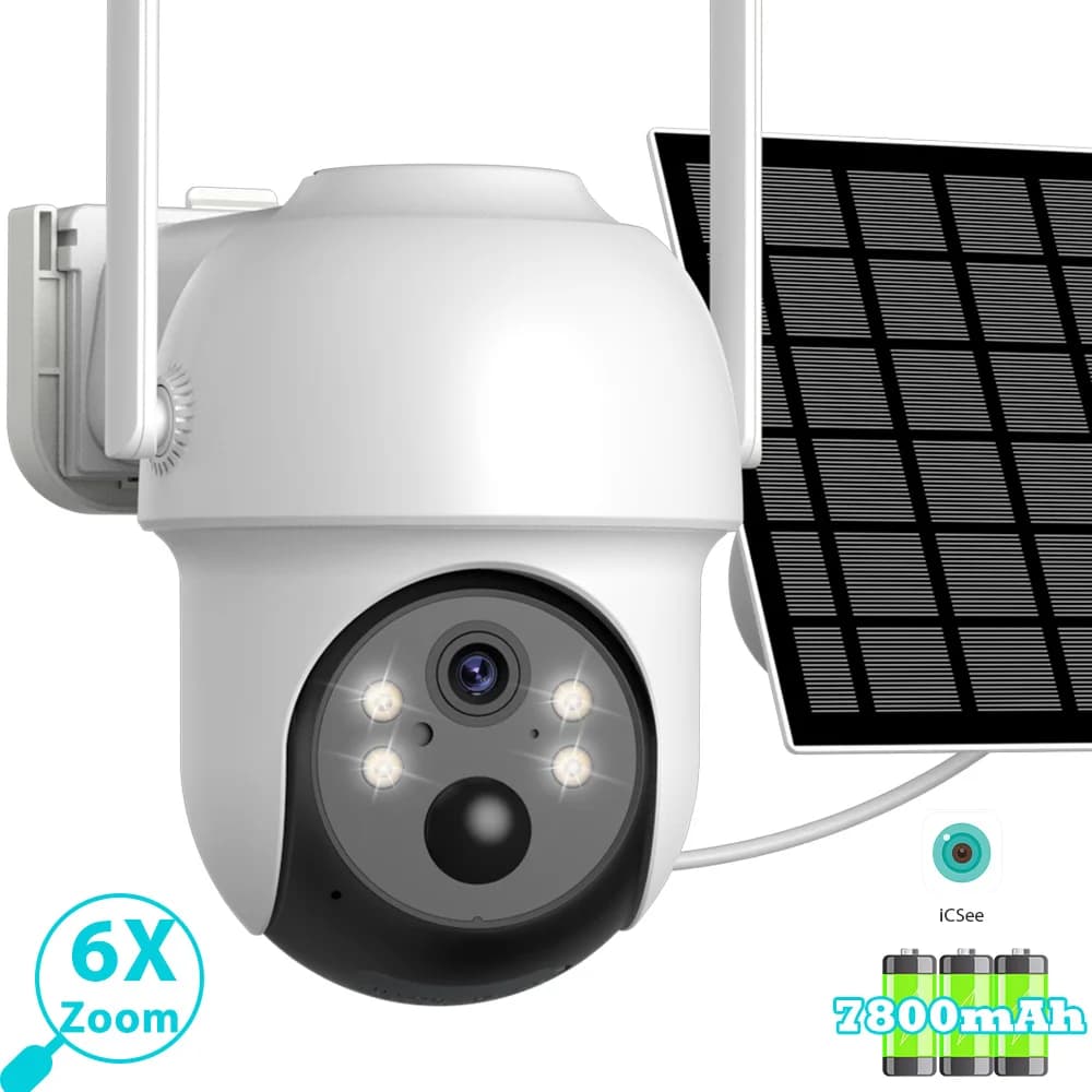 Caméra solaire PTZ 6x Zoom HD extérieure WiFi sans fil IP avec panneau solaire, batterie intégrée, d