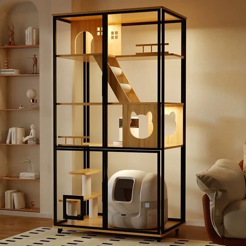 Grand bac à litière automatique panoramique personnalisable pour chat, LED, plusieurs villas pour ch