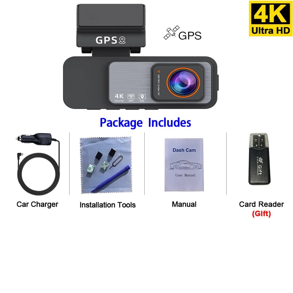 Caméra de tableau de bord cachée Ultra HD 4K, WiFi intégré, GPS, enregistreur vidéo de voiture, enre