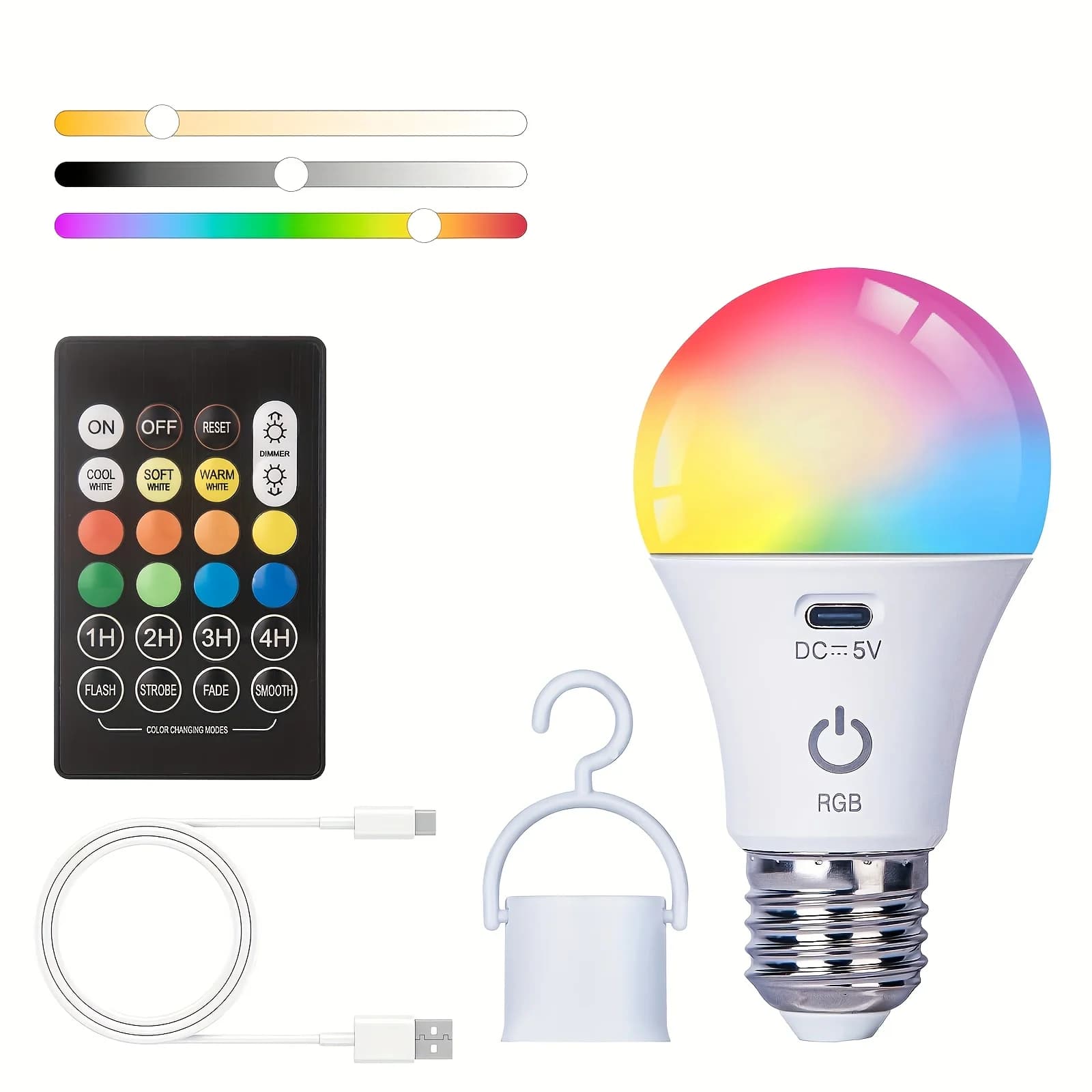 Ampoule rechargeable avec télécommande Dim & RGB, minuterie, base E27, lumière de secours pour la ma