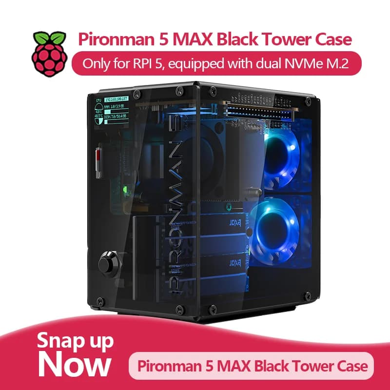 Pironman 5 MAX, boîtier tour noir pour Raspberry Pi 5, équipé d'un double NVMe M.2, éclairage RVB pr