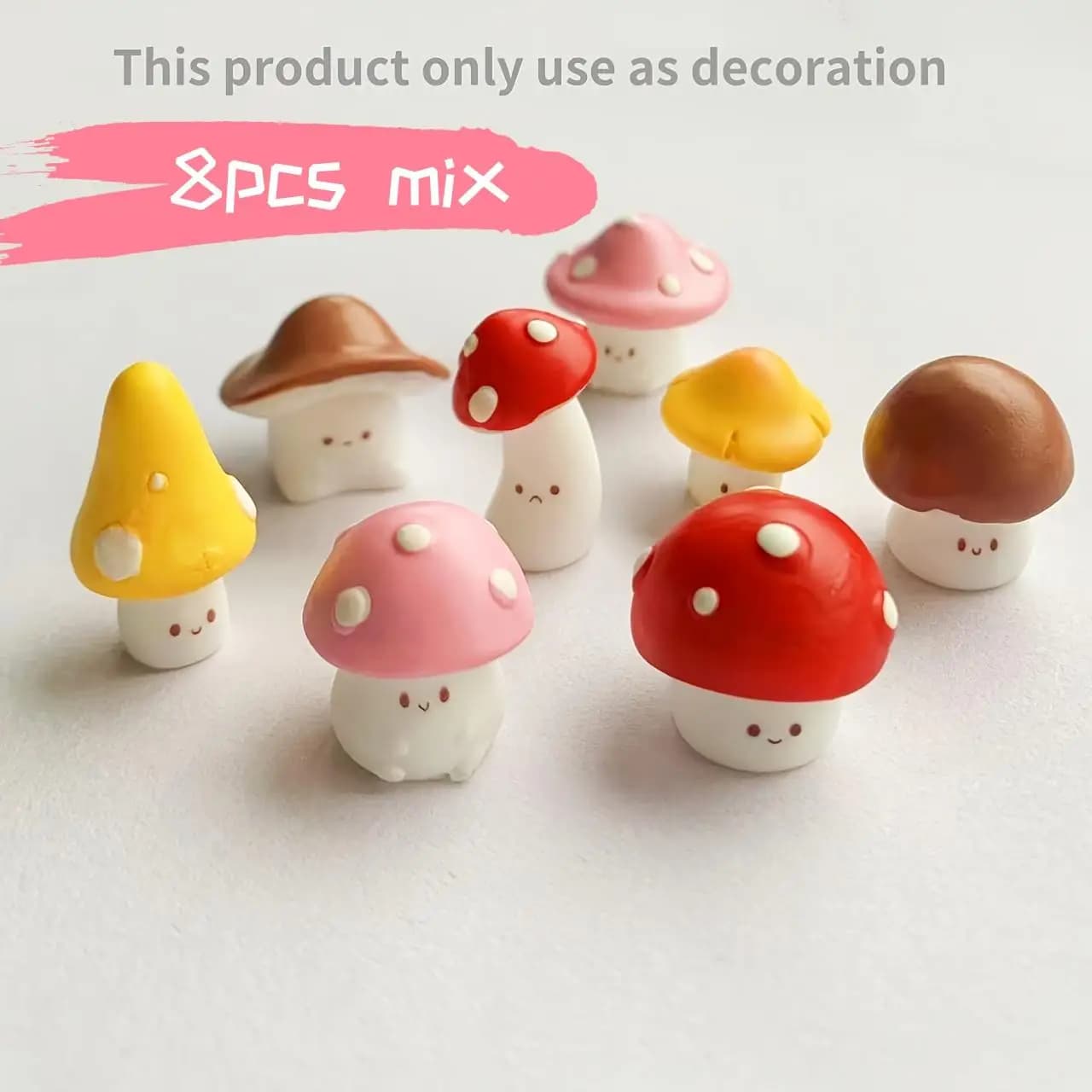 8 mini-statues décoratives en forme de champignons emoji, en résine, faites à la main, décoration de