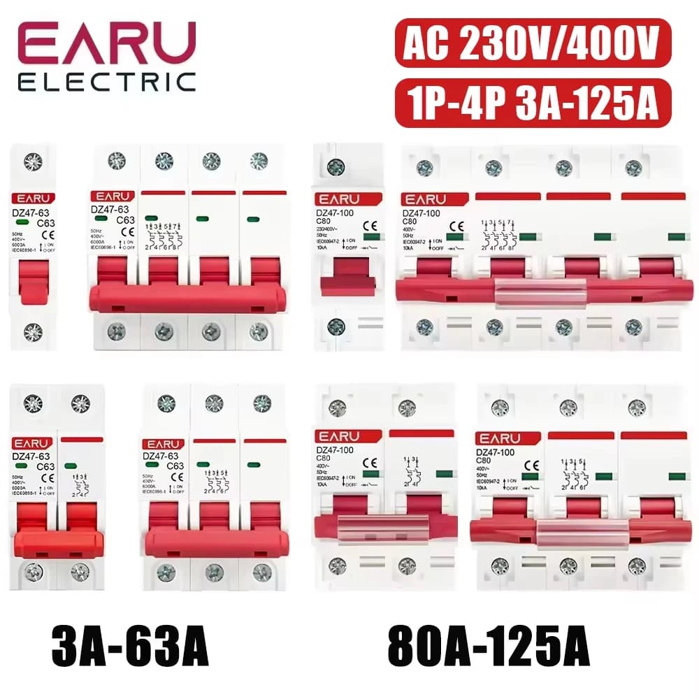 Disjoncteur miniature (MCB) 1P 2P 3P 4P DZ47 3A-125A AC 230V 400V Type C, protection contre les surc