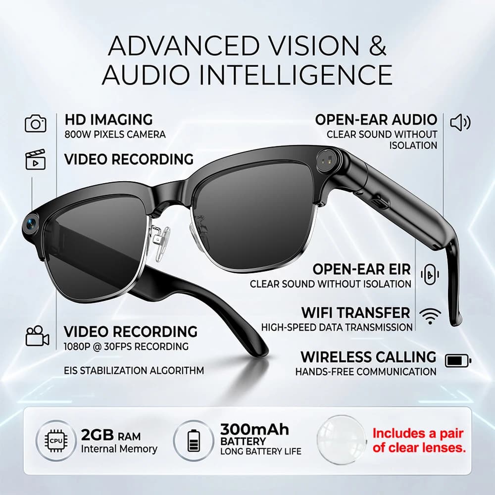 Lunettes Intelligentes IA avec Caméra HD 800W, Enregistrement Vidéo, Assistant Vocal IA, Traduction