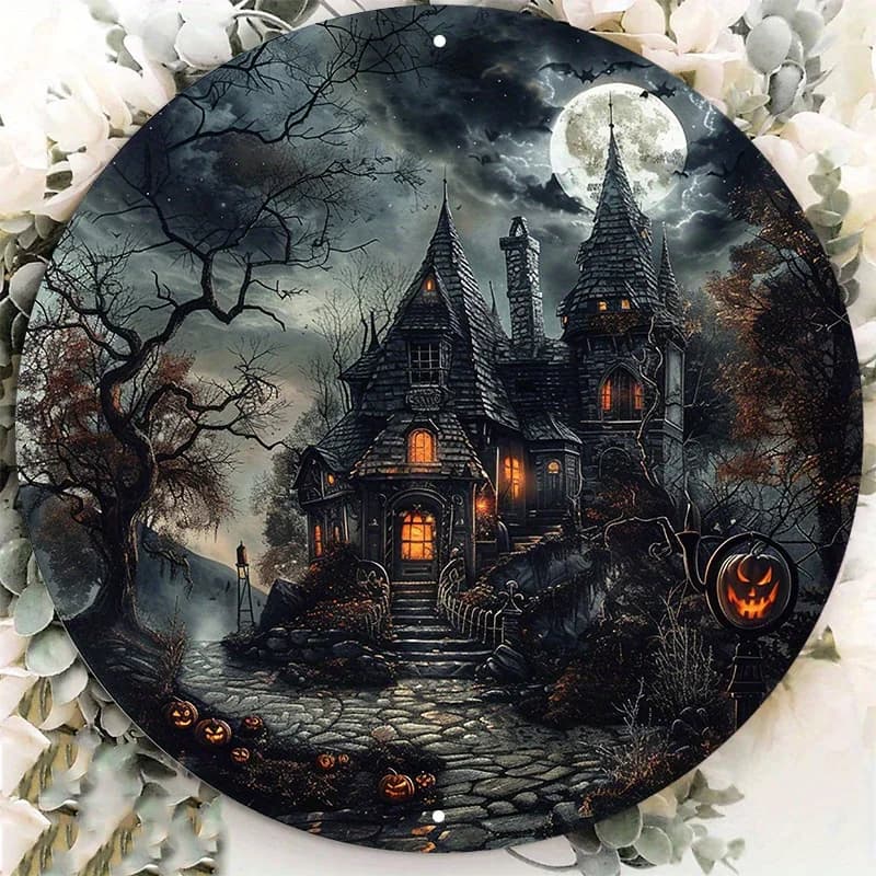 Signe rond en aluminium de maison hantée d'Halloween, degré UV et rayure, décoration extérieure et i