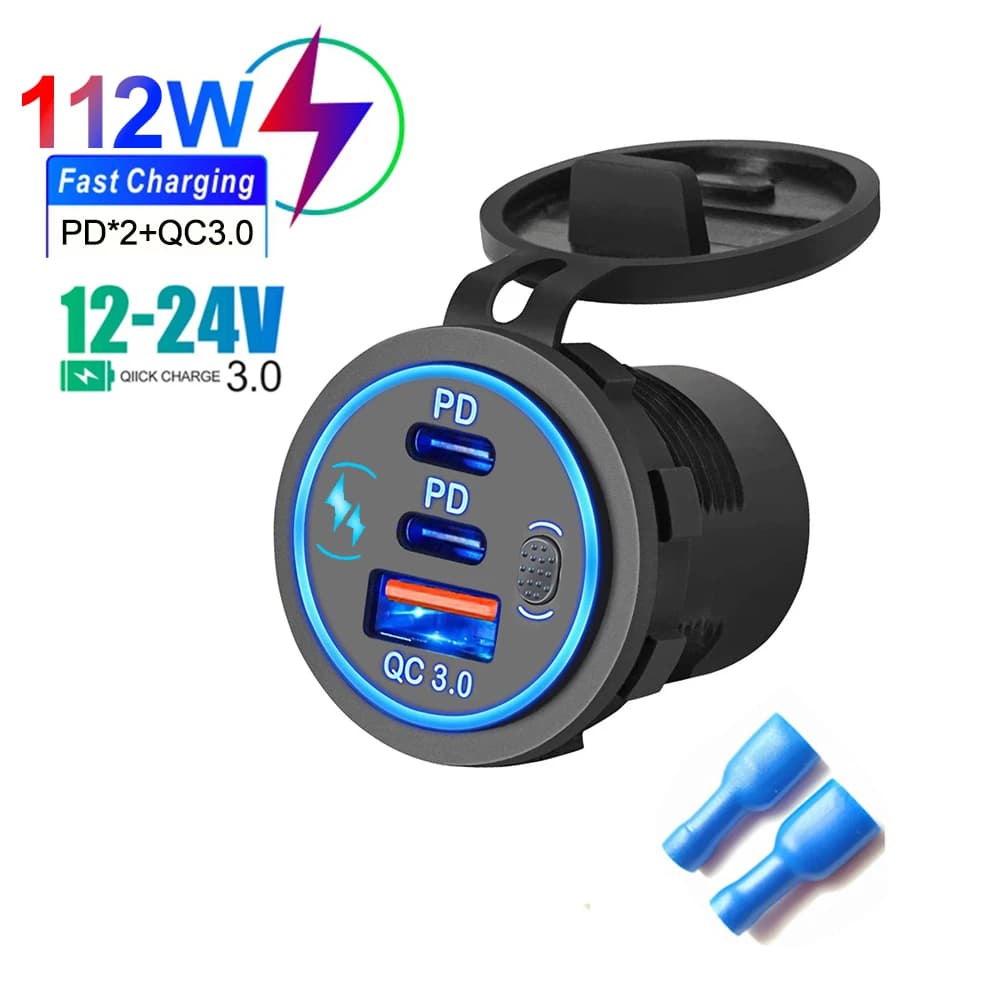 Prise de chargeur de voiture étanche avec interrupteur tactile LED, double ports USB C, charge rapid