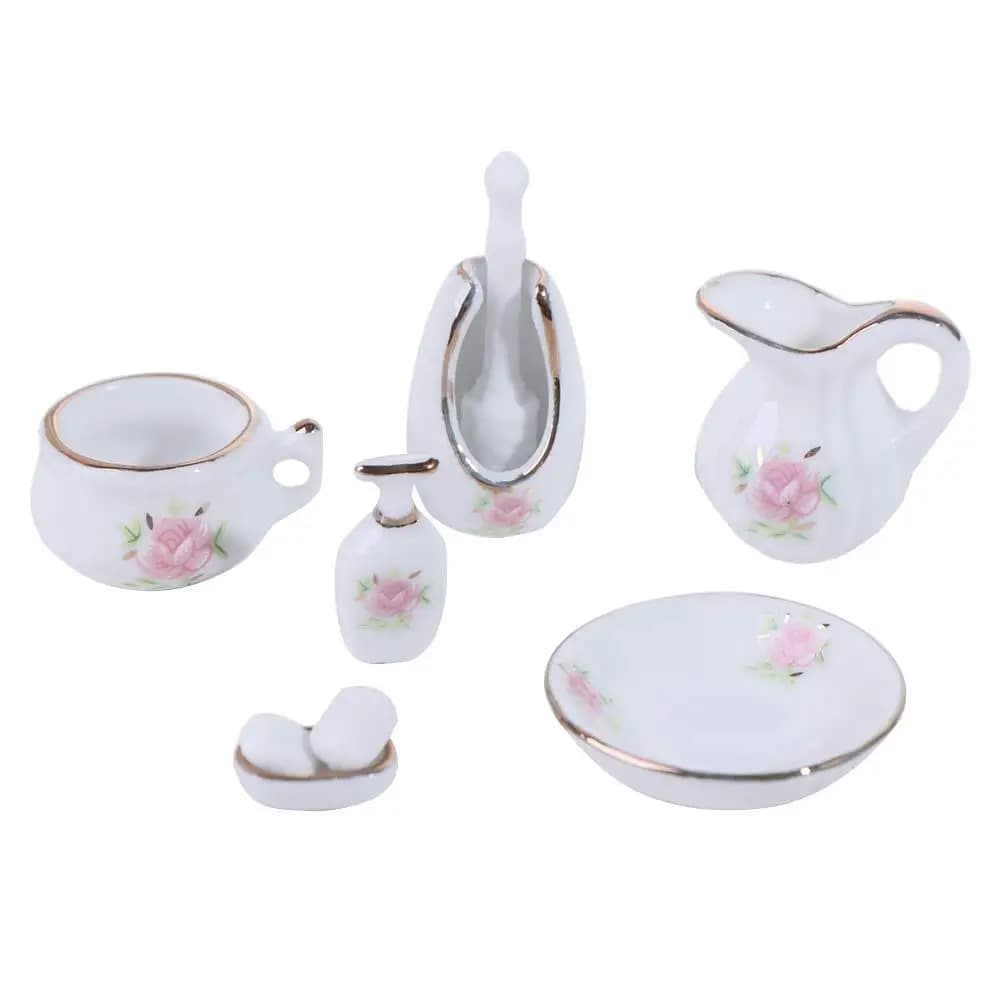 Maison de poupée en céramique, échelle 1/12, salle de bains, porcelaine, Rose florale, Micro scène,