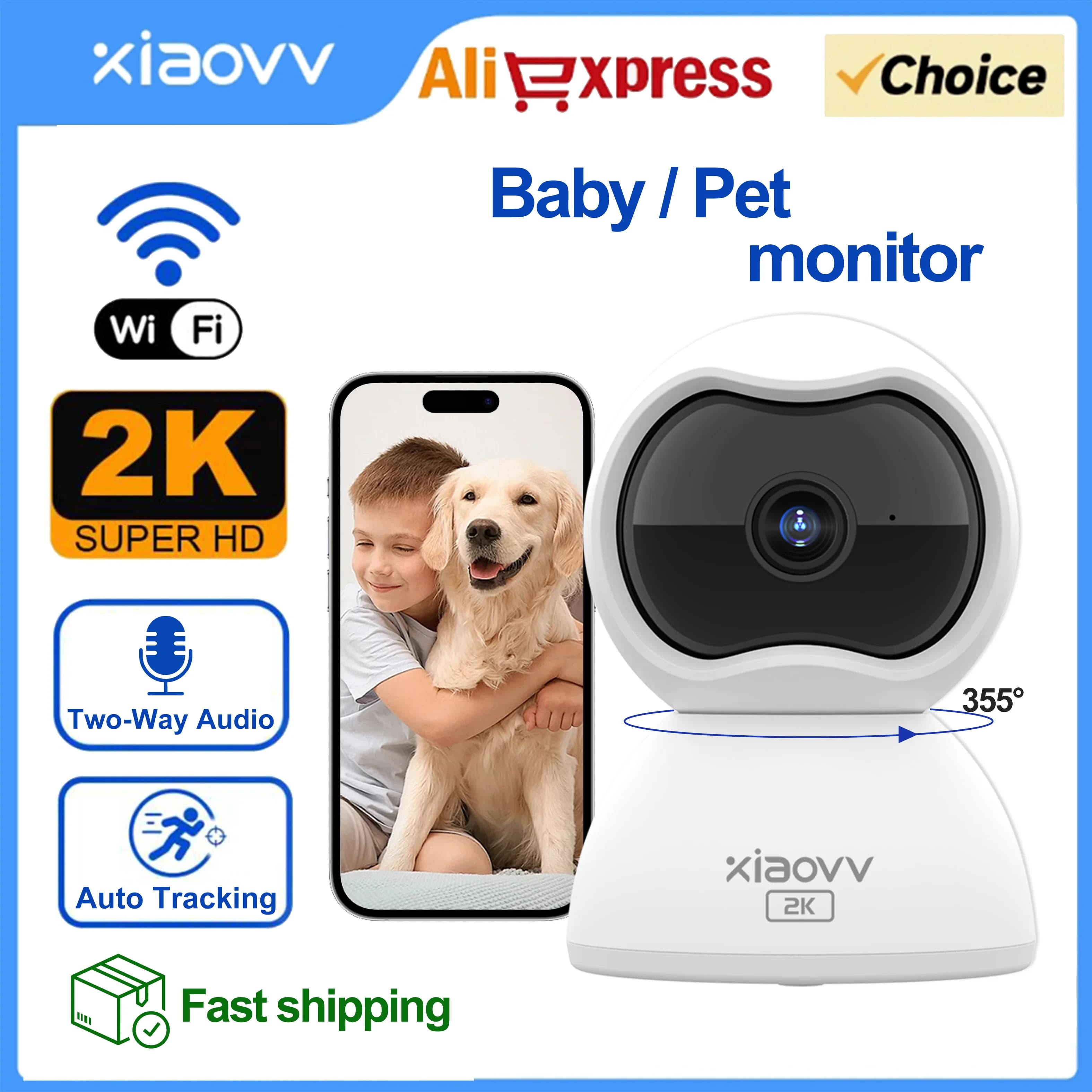 XIAOVV Caméra de surveillance WiFi intérieure 2K Caméra pour animaux de compagnie et bébé avec suivi