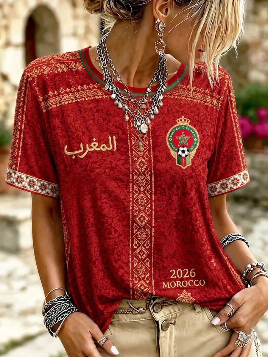 Nouveau maillot de football féminin du Maroc 2026, noir avec imprimé géométrique traditionnel et tex
