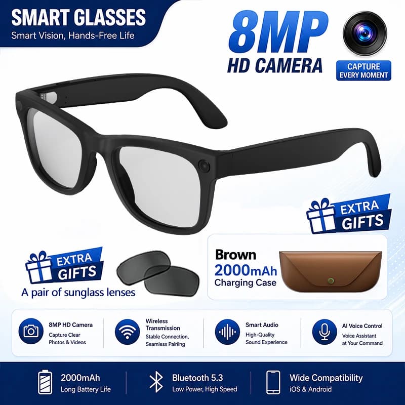 Lunettes Intelligentes 2026 avec Caméra HD 8MP, Étui de Charge 2000mAh, Audio Surround, Traducteur I