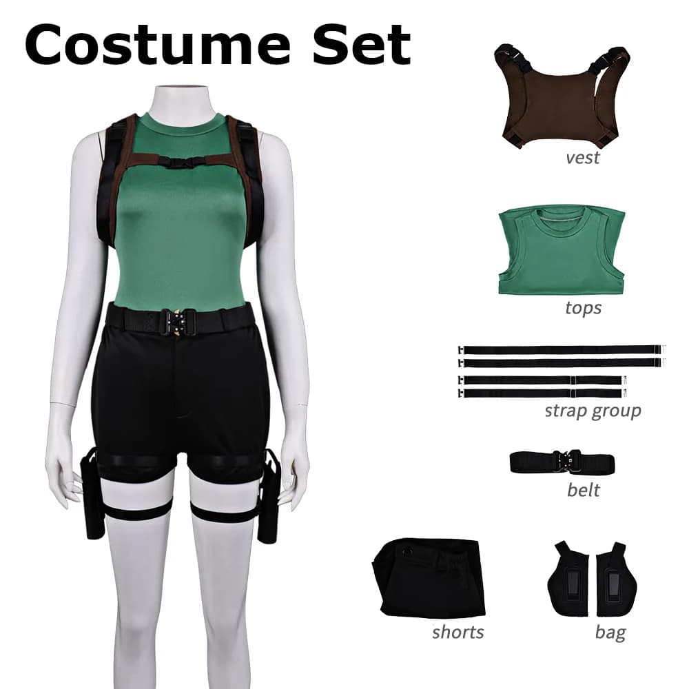 Déguisement Lara Croft Cosplay Tomb Raider Classique Tenue Aventurière Top Bleu Sarcelle Short Noir