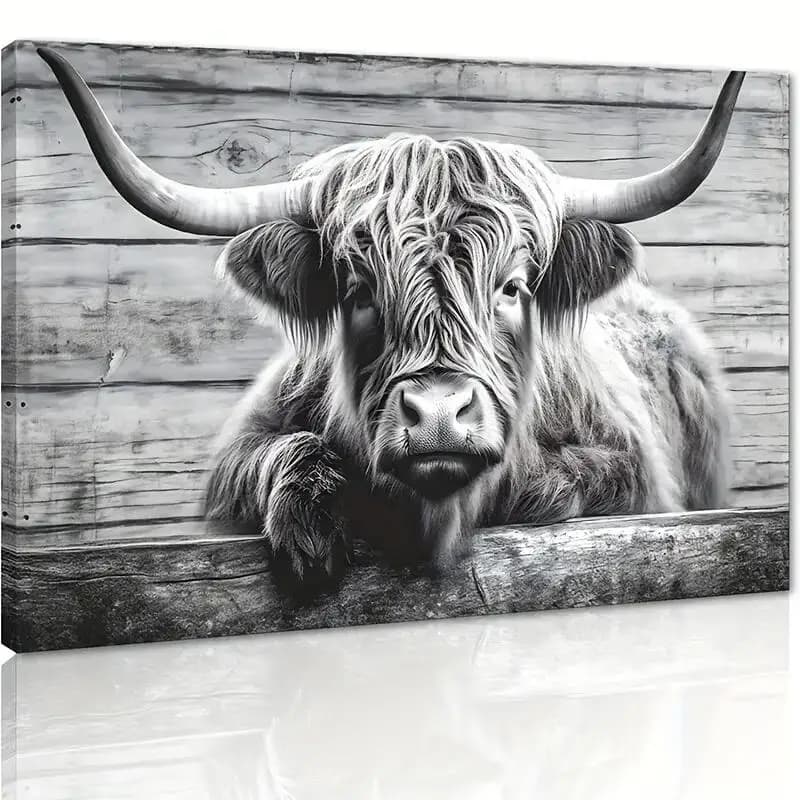 Panneau en bois vintage avec vache noire et blanche, art mural mignon Highland, pâturage, vache à pr