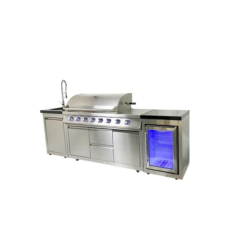 Îlot de cuisine extérieur modulaire personnalisé avec barbecue à gaz, table en marbre, réfrigérateur