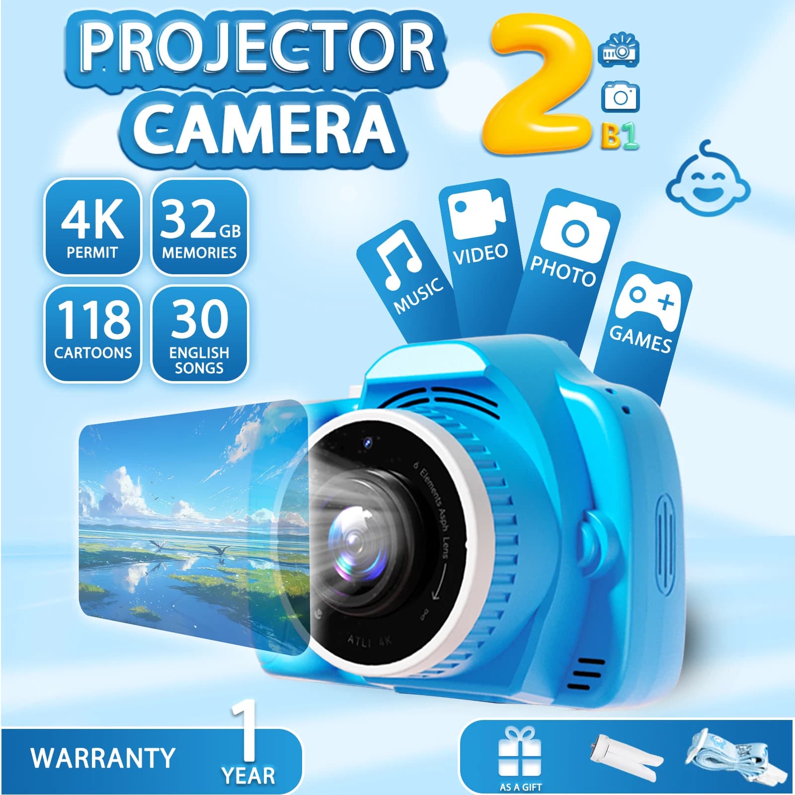 Caméra pour enfants avec projecteur, caméra d'enregistrement vidéo grand écran 1080P, carte SD 32 go