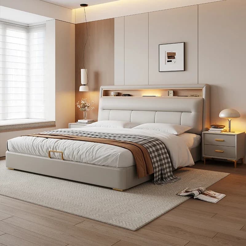Lit double blanc de style nordique en cuir avec rangement, design pour chambre principale, accessoir