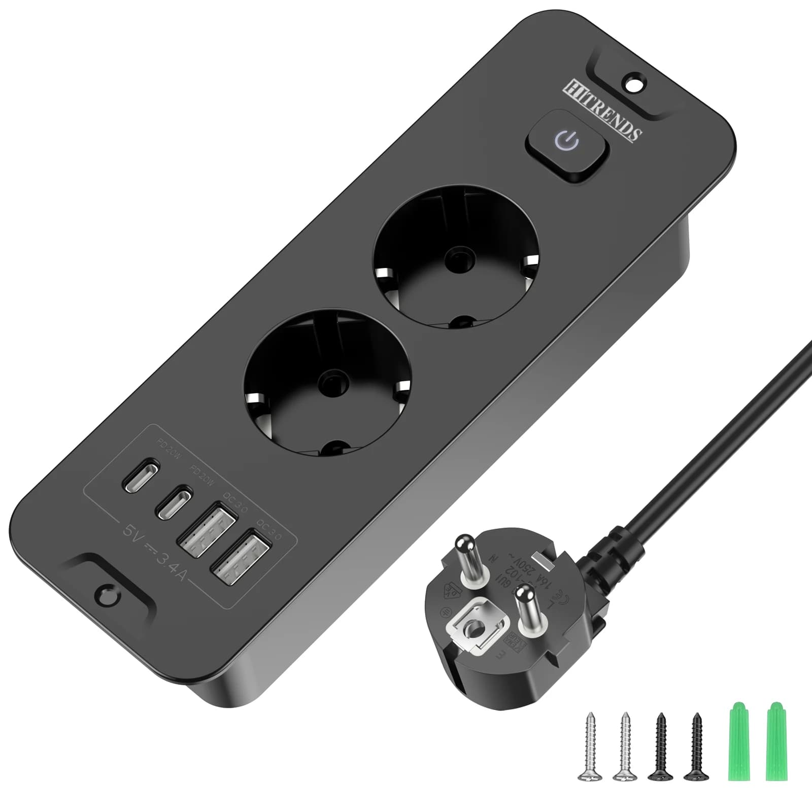 Multiprise de bureau intégrée aux normes européennes avec 2/3 prises CA, 2 ports USB, 2 ports de cha
