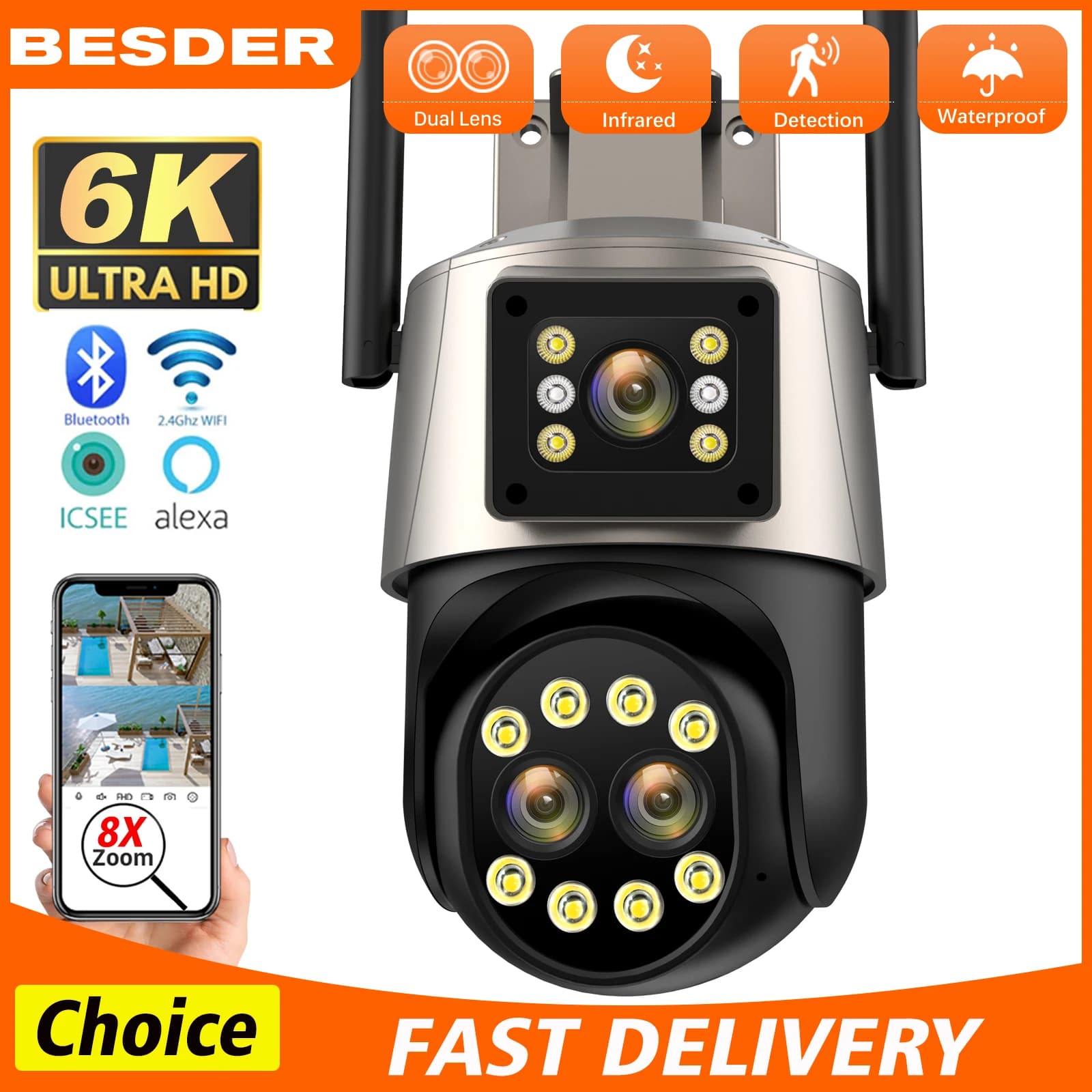 Caméra de surveillance extérieure PTZ IP WiFi HD 6K 12MP, dispositif de sécurité domestique intellig