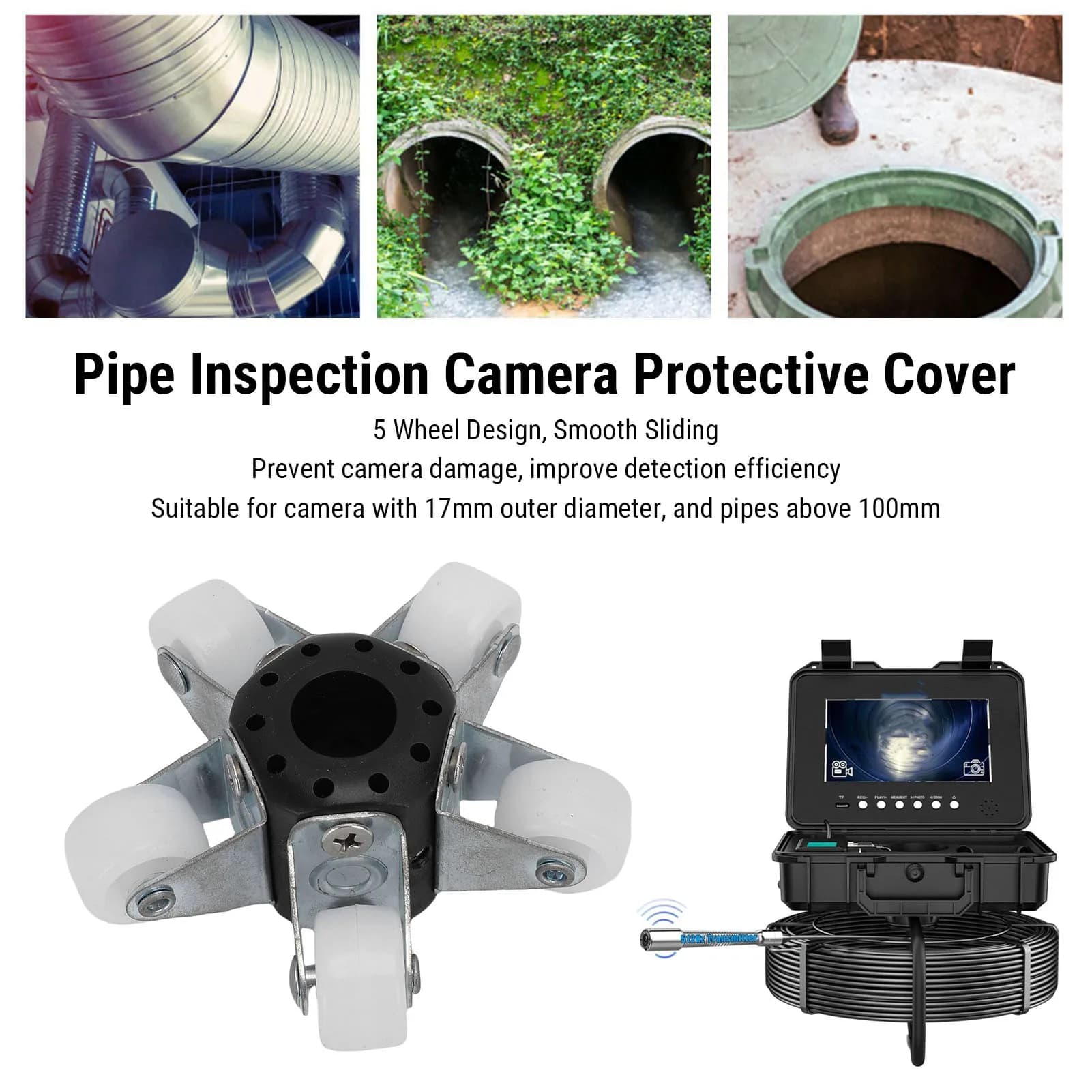 Couvercle de protection de caméra d'égout de tuyau de 17MM, roue de guidage de caméra d'inspection à