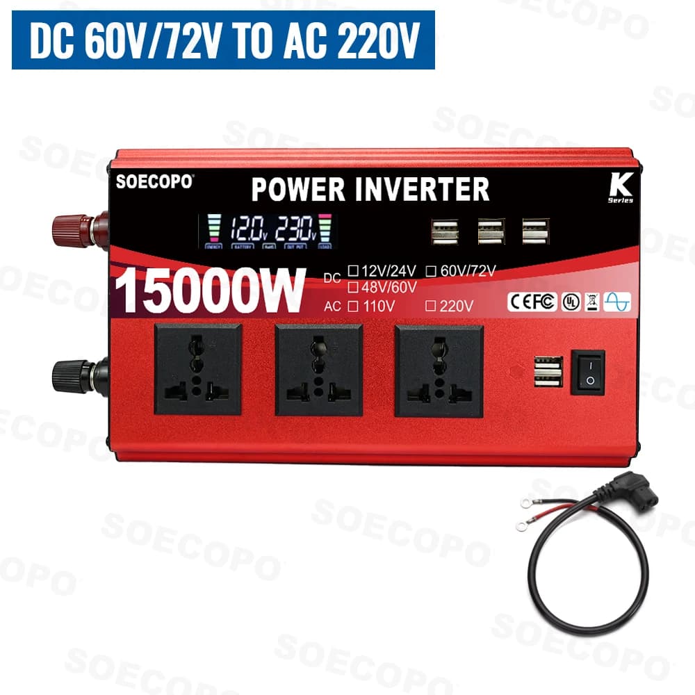 Onduleur de puissance tout-en-un 15000W, DC 12V/24V/48V/60V/72V à AC 110V/220V, 3 prises universelle