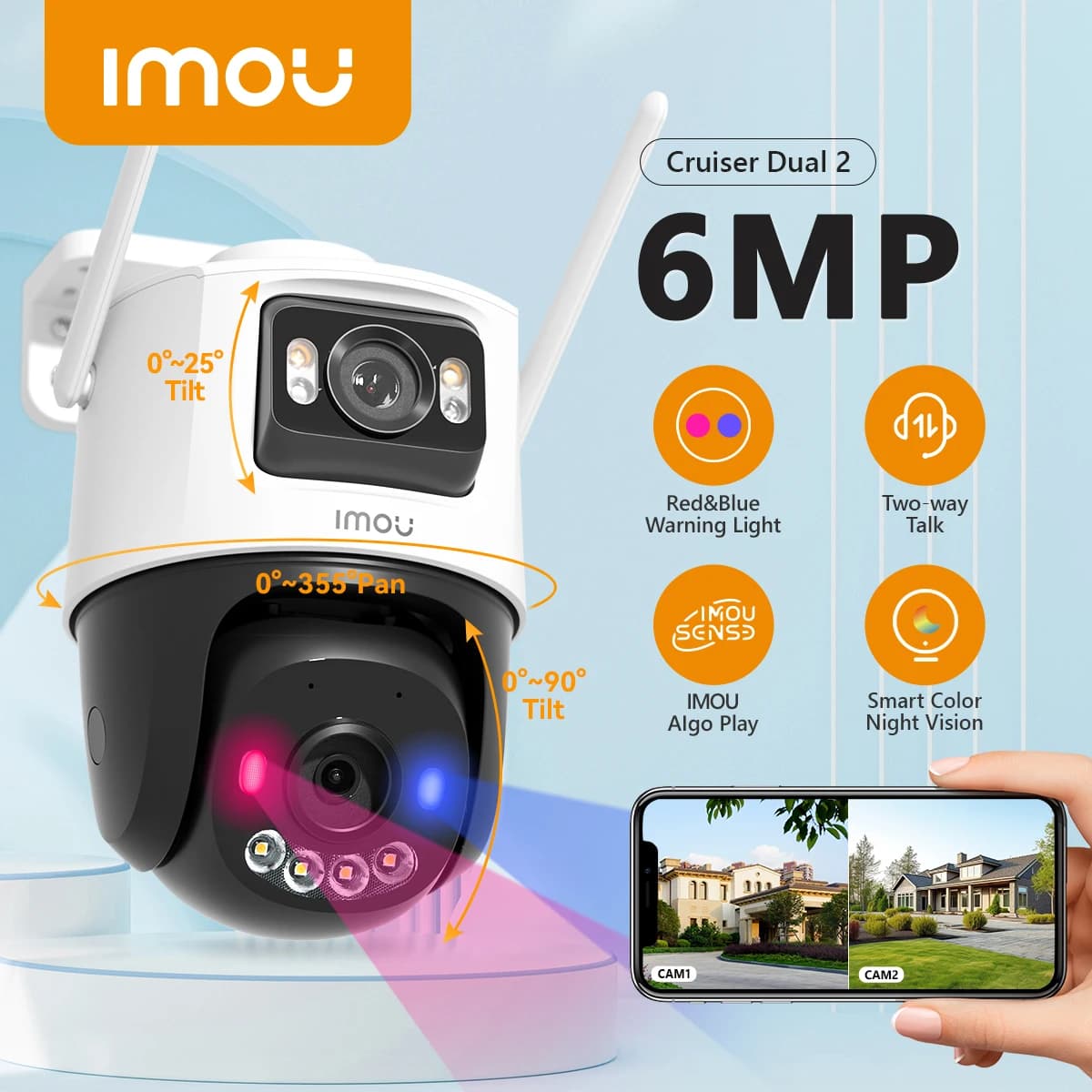 IMOU Cruiser double 2 6MP/8MP/10MP voyant d'avertissement rouge-bleu double objectif extérieur PTZ W