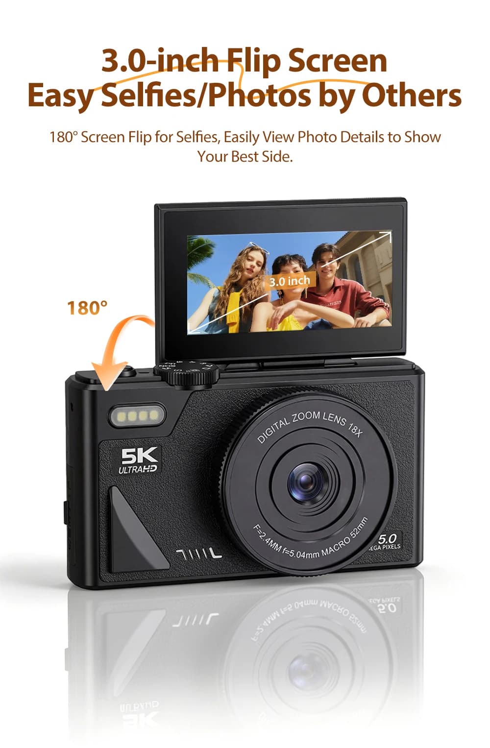 Caméra 4K Ultra HD avec photographie 75MP, écran super clair de 1,3 pouce, connexion Wi-Fi, prise en