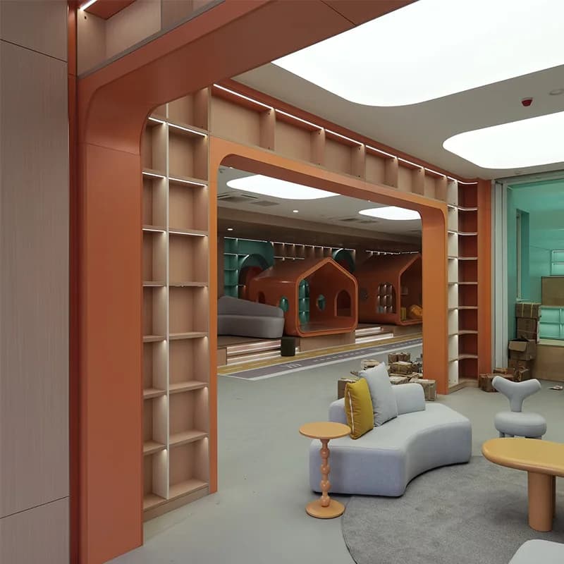 Bibliothèque du sol au plafond en bois massif, livre de district commercial, grande arc carré, zone