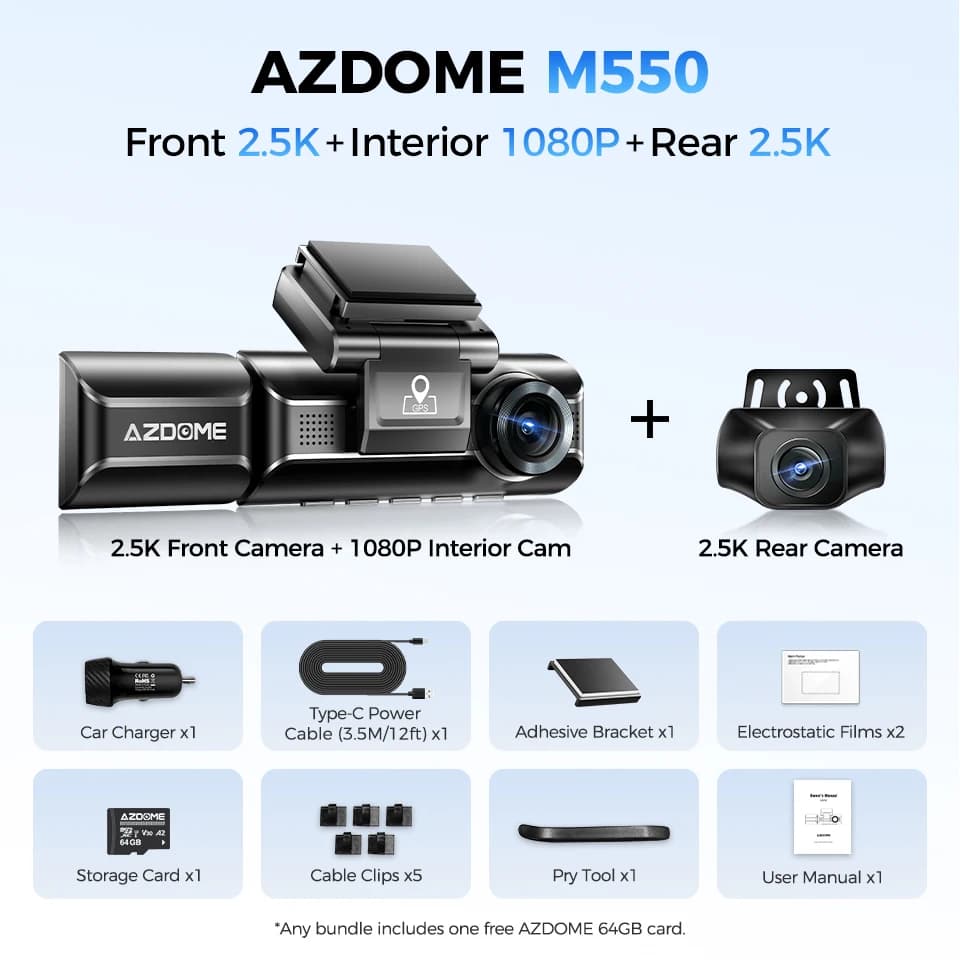AZDOME-Caméra de Tableau de Bord M550 4K + 2.5K, GPS Intégré, WiFi, Avant, Nik, Arrière, 3 Voies, IR